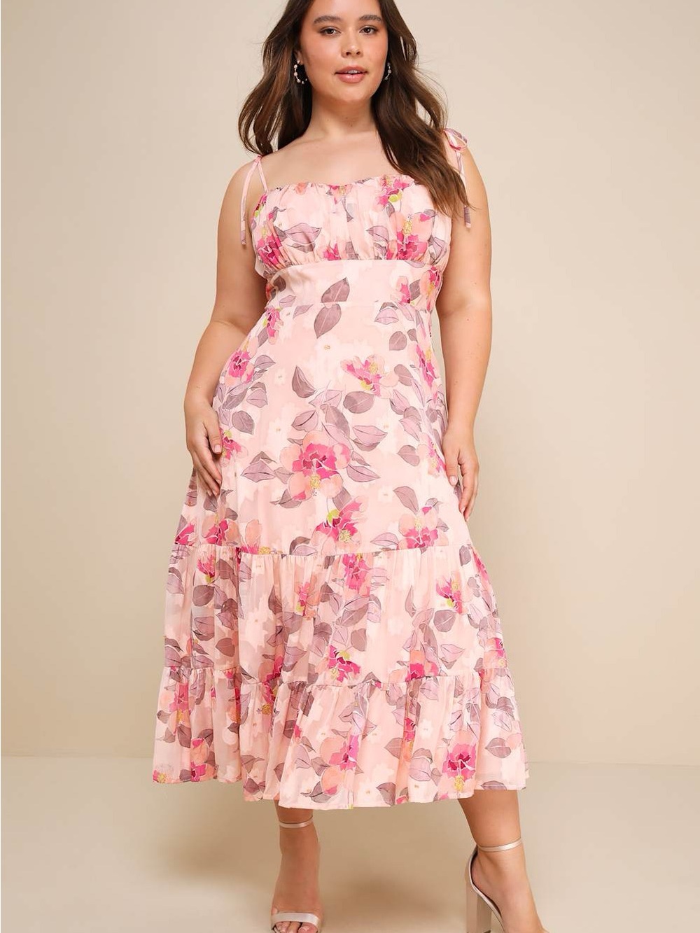 NWT Lulus Tea Party Chic Pink Floral Print Tie-Strap Tiered Midi Dress M - Picture 2 of 9